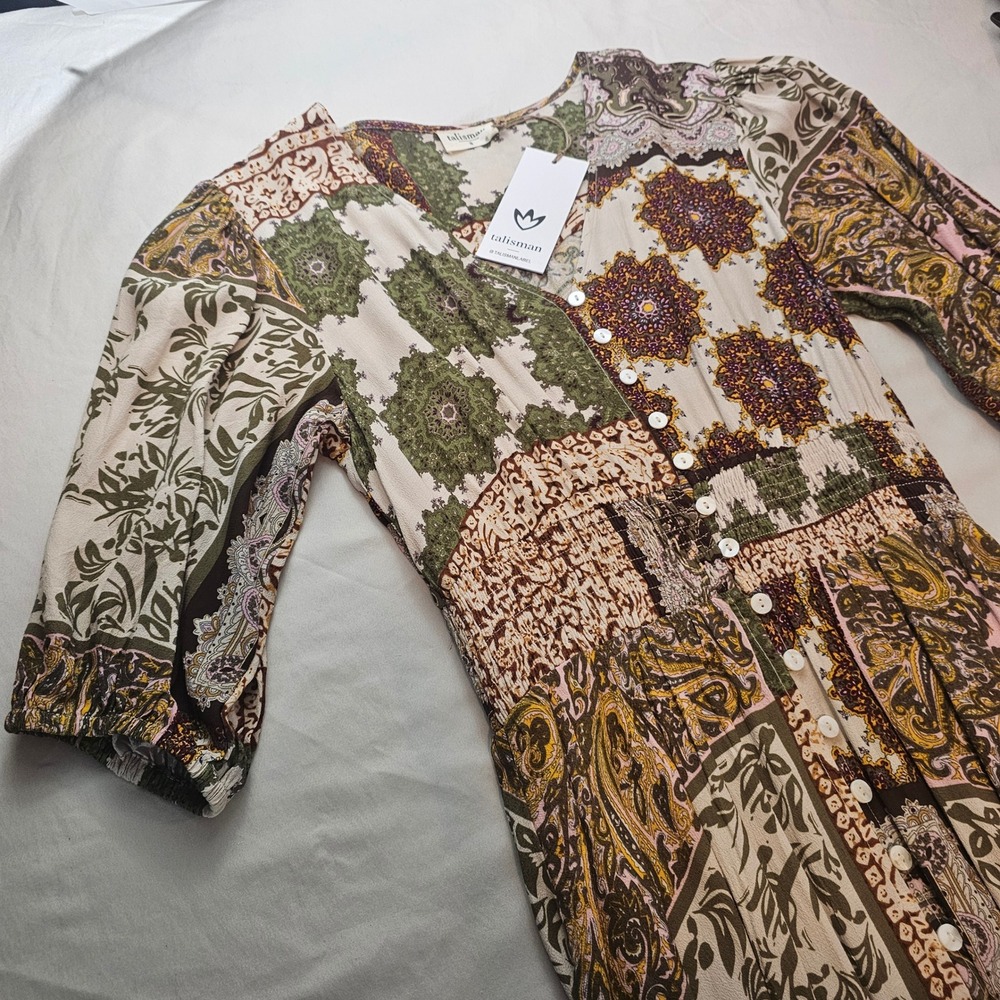 Talisman Size S Small Halo Maxi Dress Elbow Sleeves Button Down Smock Waist 1224